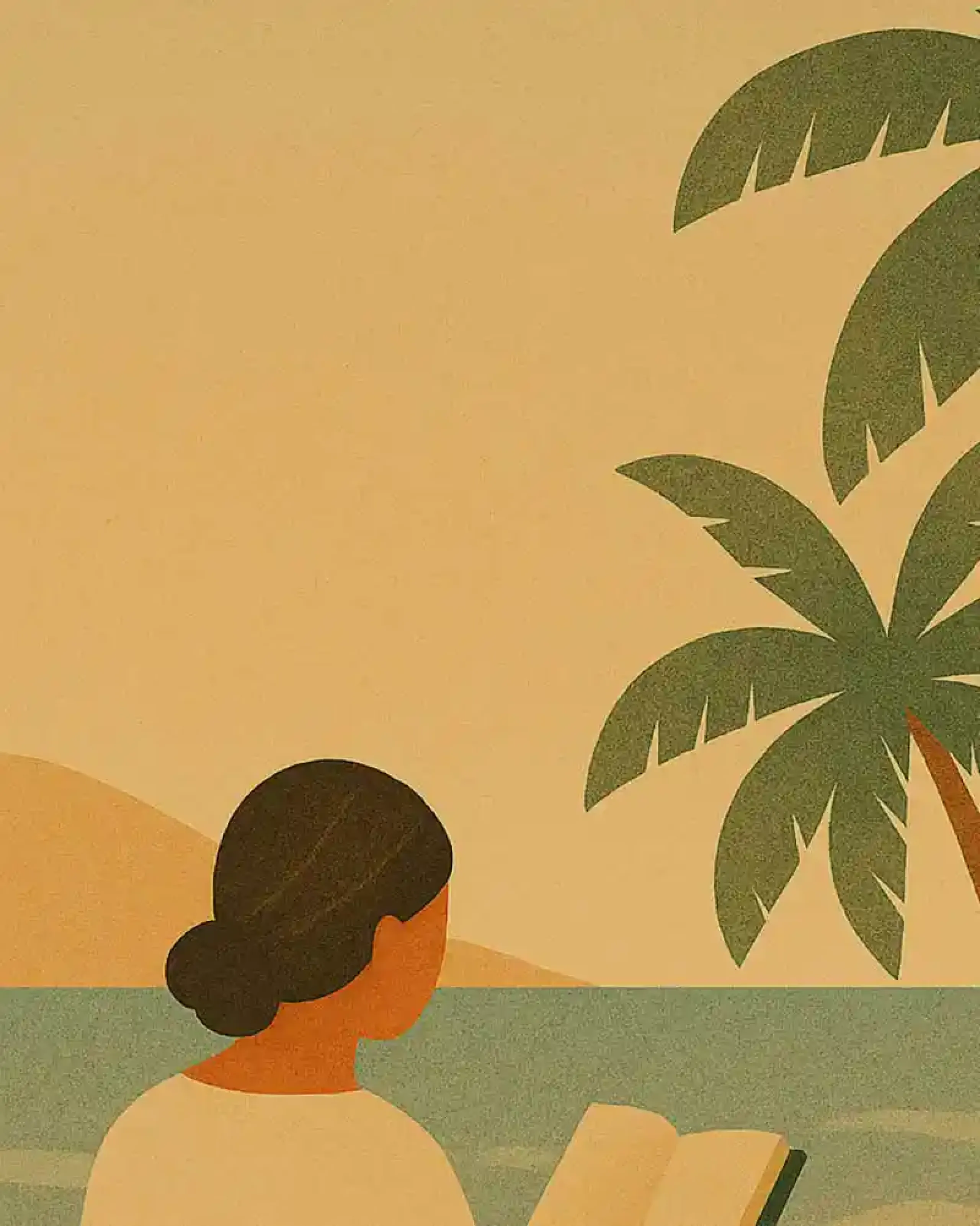 Illustration: eine Frau liest am Strand mit Palmen im Hintergrund