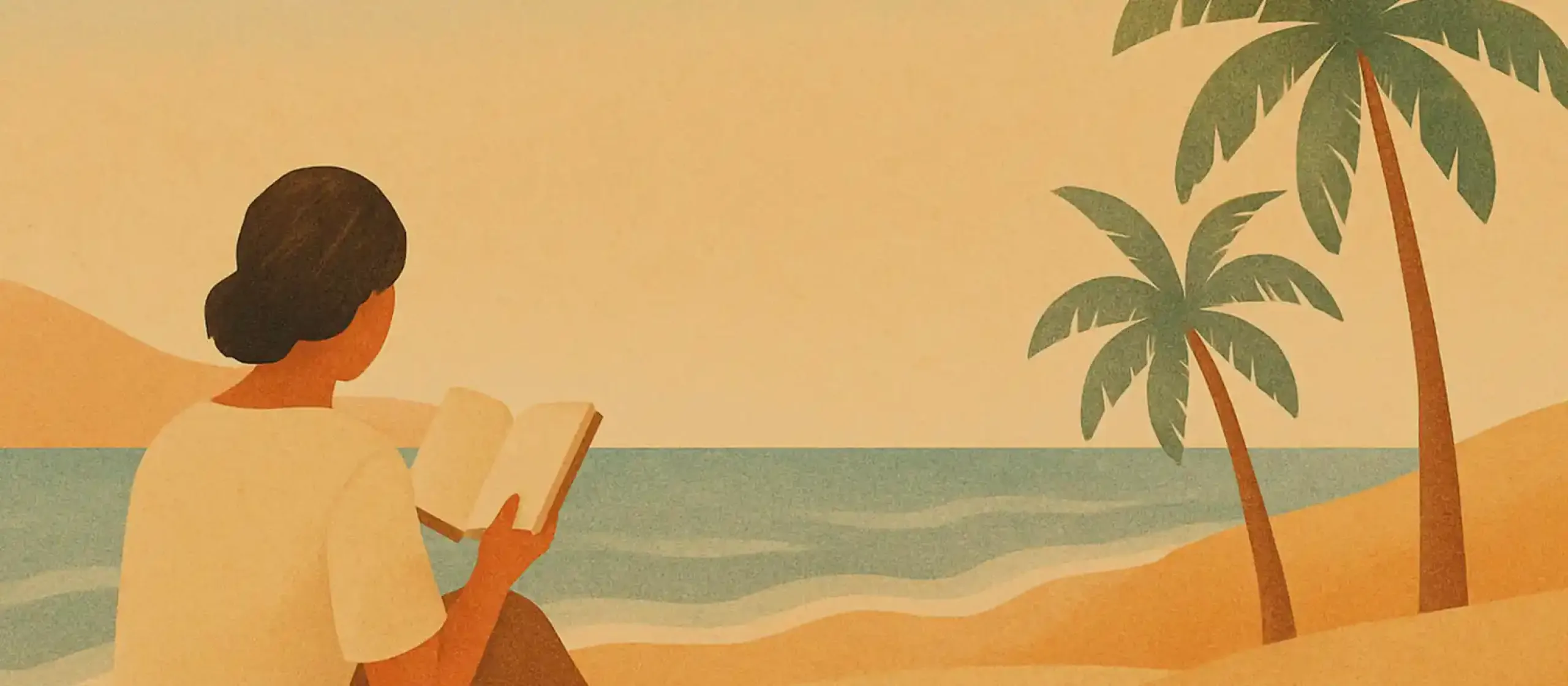 Illustration: eine Frau liest am Strand mit Palmen im Hintergrund