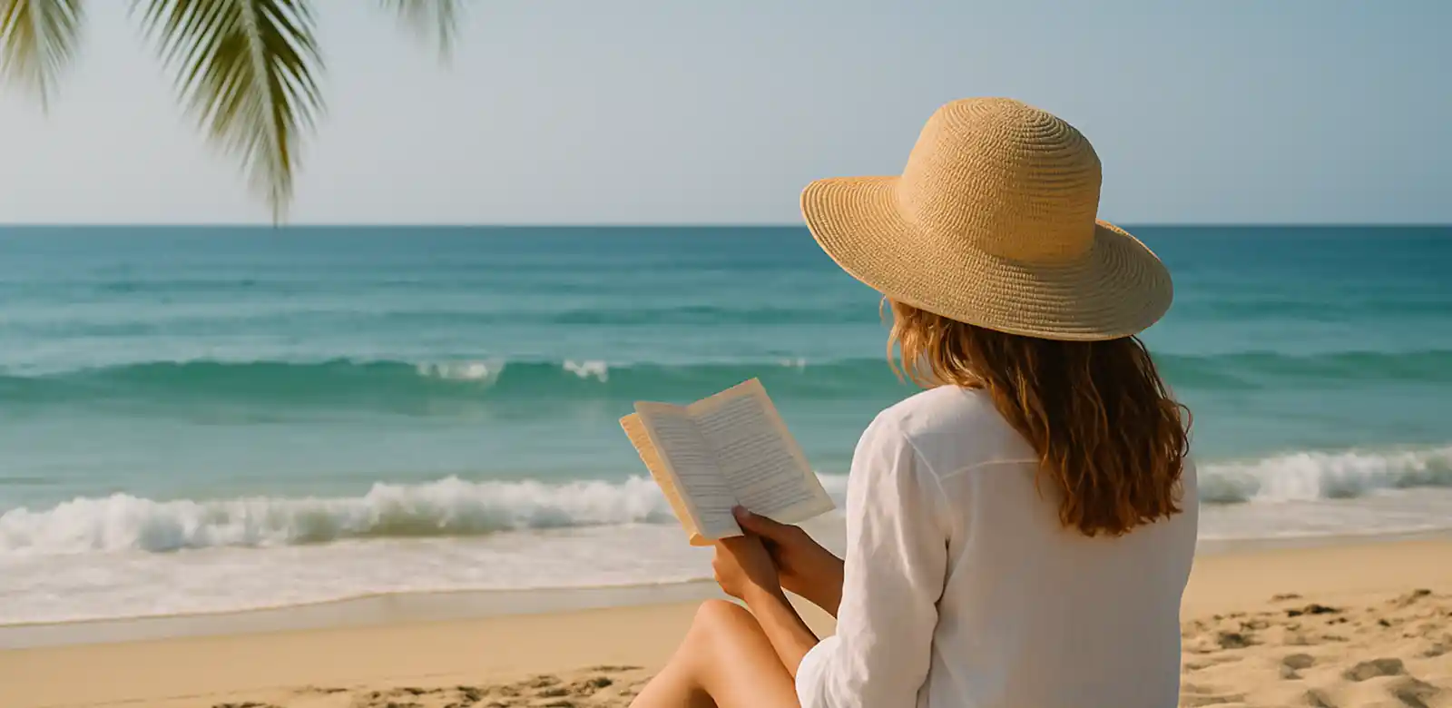 Eine Frau mit Sonnenhut sitzt am Traumstrand und liest ein Buch
